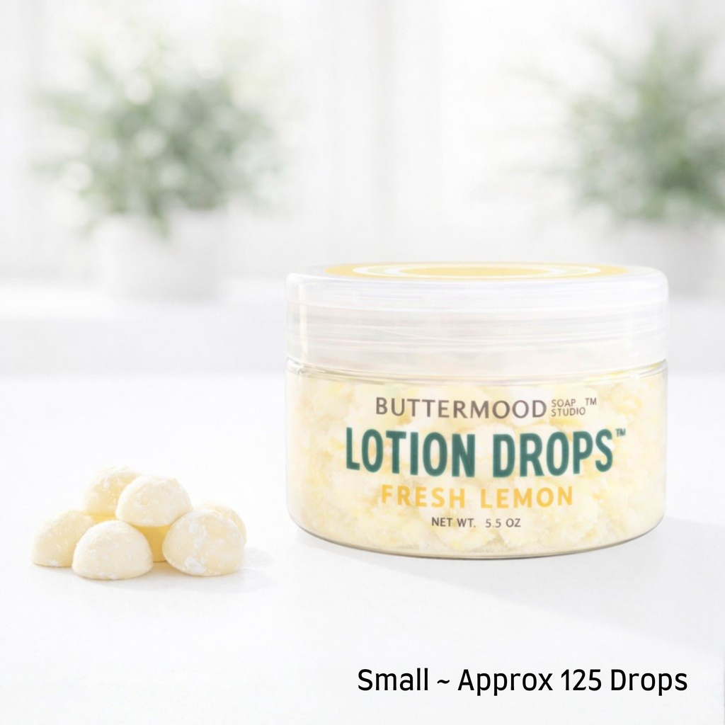 Buttermood Soap Studio Lotion Drops in a jar with lemon scent on a light background