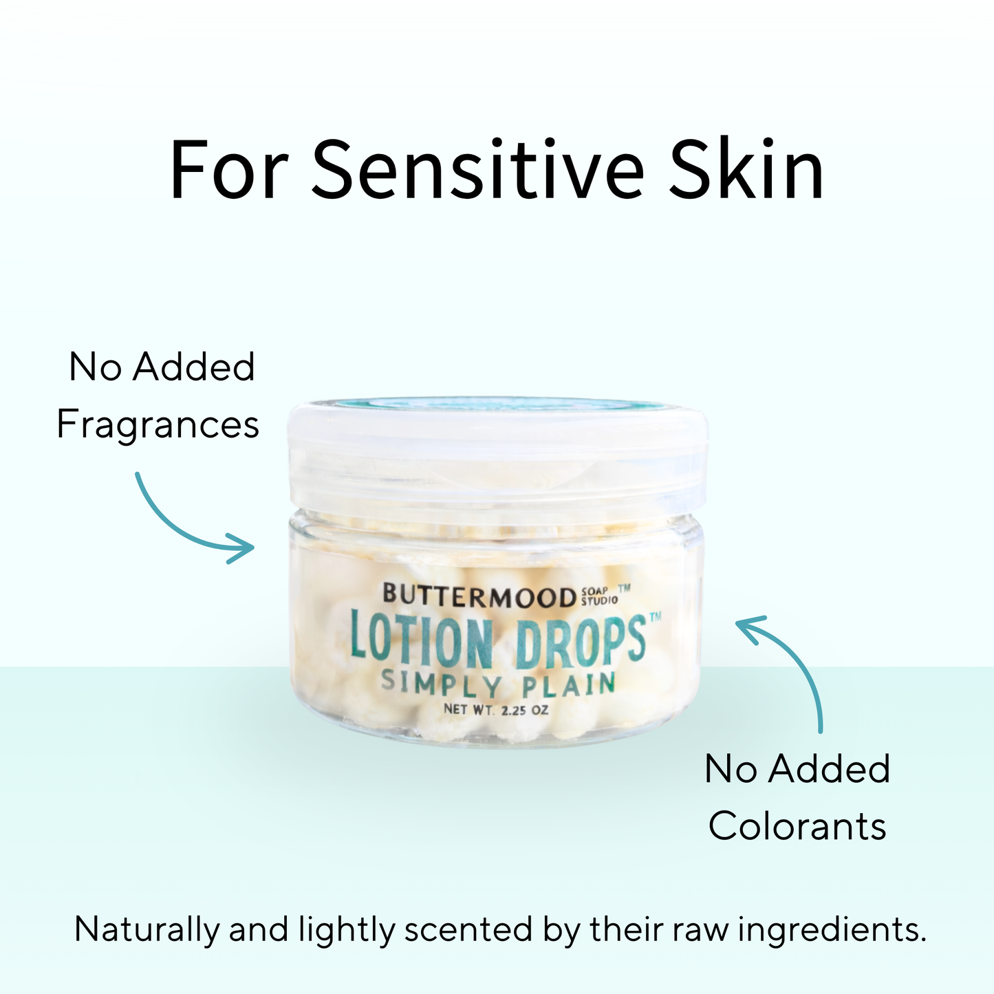 Buttermood Simply Plain Lotion Drops showing that there are no added fragrances or colorants labeled on a green background.